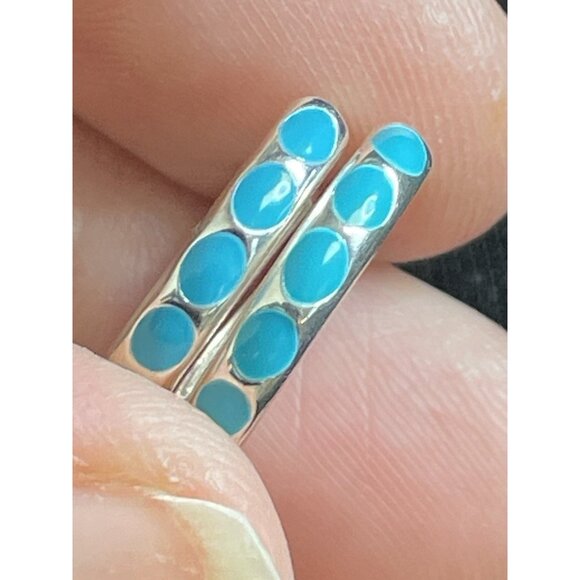 Aqua Blue Enamel 925 Silver Huggie Hoop Earrings Pierced - Picture 13 of 13